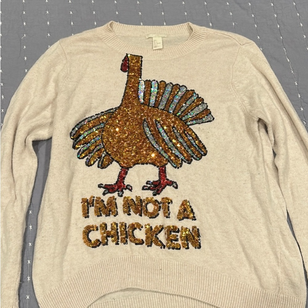 Women's Beige Sweater with Sequin Turkey Design
